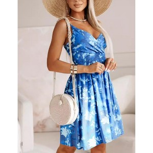 Women's Summer Casual Smocked Waist Mini Dress Sleeveless V Neck Spaghetti Strap Floral Dress - 1 of 2