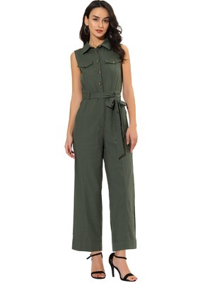 Allegra K Women's Button Down Collared Wide Leg Tie-Waist Sleeveless Cargo Jumpsuits