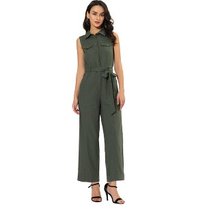 Allegra K Women's Button Down Collared Wide Leg Tie-Waist Sleeveless Cargo Jumpsuits - 1 of 4
