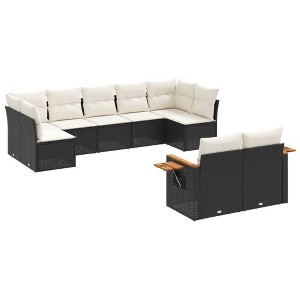 vidaXL 9 Piece Patio Sofa Set with Cushions Black Poly Rattan - Black and Cream Without Table - 1 of 4