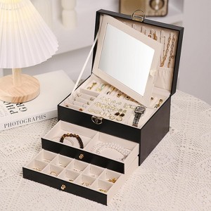 3-Layer Pink Jewelry Box with Lock & Mirror, 2-Drawer PU Leather Organizer & Display Case for Necklaces, Rings, Gift for Women - 1 of 4