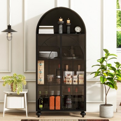 Modern Arched Storage Cabinet with Glass Doors,Open Display Bookcase for Living Room & Office-Tanpinhause