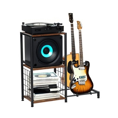 ELJGET 3-Tier Record Player Stand with Guitar Holder, Vinyl Turntable Stand with Storage Shelves, Industrial Shelf for Living Room or Bedroom