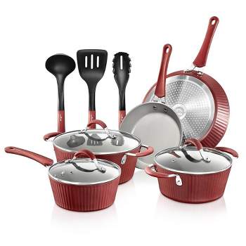 NutriChef Kitchenware Pots & Pans - Stylish Kitchen Cookware Set with Elegant Lines Pattern, Gray Inside & Red Outside, Non-Stick