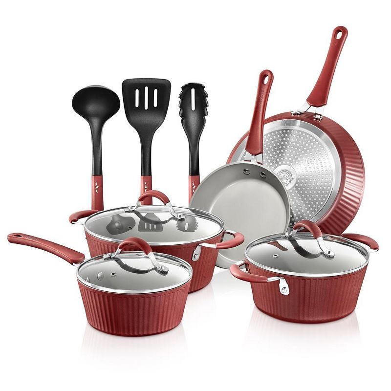 NutriChef Kitchenware Pots & Pans - Stylish Kitchen Cookware Set with Elegant Lines Pattern, Gray Inside & Red Outside, Non-Stick, 1 of 4