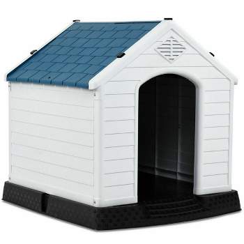 Tangkula Dog House for Medium Dogs Waterproof Plastic Dog Houses with Air Vents and Elevated Floor Outdoor Cat House Feeding Station Blue