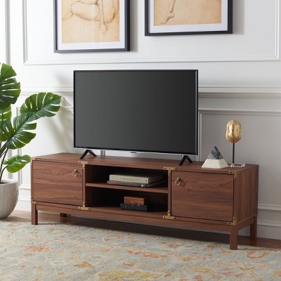 Walnut and Gold Two-Level Industrial TV Stand with Cabinets