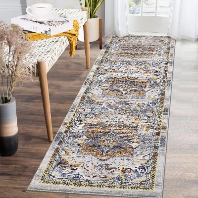 Washable Long Runner Rug, Oriental Vintage Floral Rug, Low Pile Non-Slip Soft Faux Wool Rug, Hallway, Bedroom, Kitchen, Laundry Room, Entryway