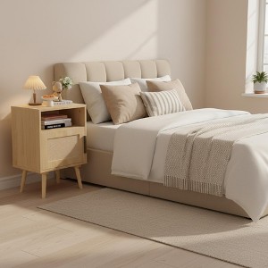 Homy Casa 22.8" Rattan Nightstand with Door and Open Shelf, Accent Bedside End Table with Solid Wood Legs, for Bedroom or Dorm, Oak - 1 of 4