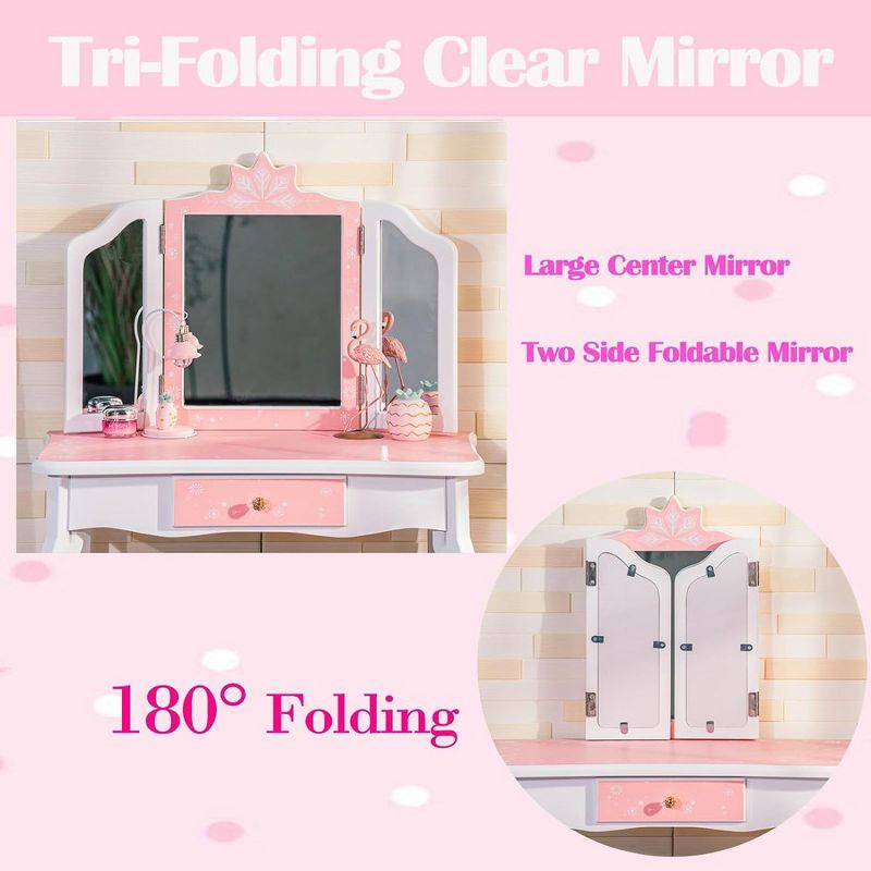 Trinity 2-in-1 Princess Vanity  Set ,Princess Makeup Table with Mirror, Stool, Tri-Folding Mirror & Drawer ,Pretend Play Dressing Table for Toddler Girls, 2 of 8