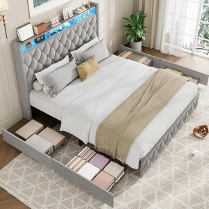 Queen Bed Frame with Charging Station & LED Lights - 50.8" Velvet Headboard,4 Storage Drawers,No Box Spring,Gray - 1 of 4