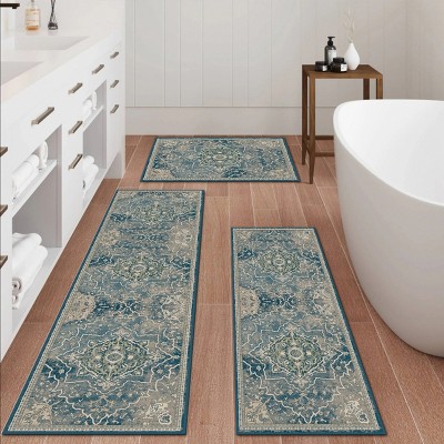 FURNIinspire Floor Mats Home 3 Piece Kitchen Rug Machine Washable Floor Mat for Living Room, Vintage Carpet, Non Slip, Blue, 60"*20"
