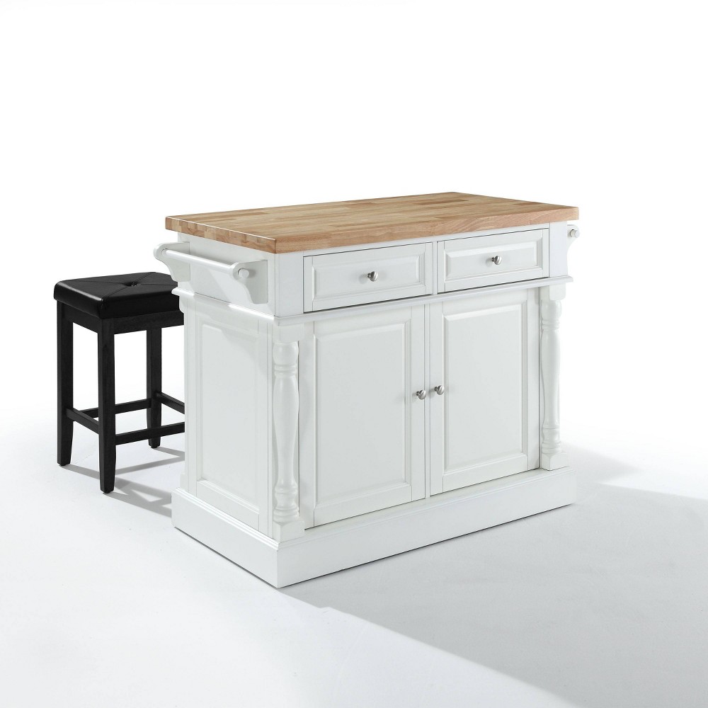 Oxford Butcher Block Top Kitchen Island with Upholstered Stools White/Black Crosley