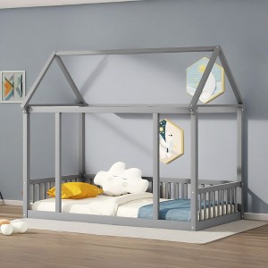 ROOMTEC Floor Wooden Bed with House Roof Frame - 1 of 4
