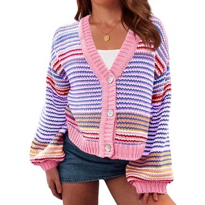 Imily Bela Womens Button Up Striped Cardigan Oversized V Neck Puff Sleeve Color Block Knit Coat - 1 of 4