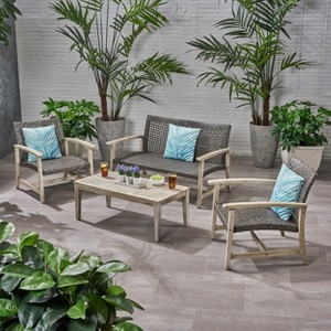 Christopher Knight Home Hampton Outdoor Wicker and Acacia Wood 4 Seater Chat Set - 1 of 4
