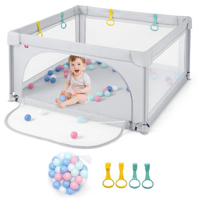 Safstar Baby Playpen, 49.5" x 49.5" Toddler Play Yard w/ 50 Ocean Balls & 4 Pull Rings, Non-Slip Safety Play Pen w/Zippered Door