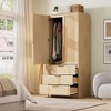 Rattan Armoire Wardrobe Closet with 3 Drawers & 2 Doors, Tall Standing Bedroom Cabinet, Modern Wooden Wardrobe - 3 of 4