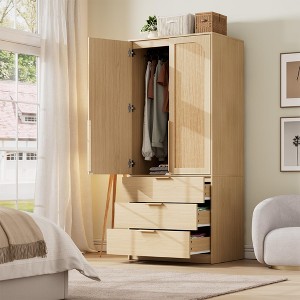Wardrobe Closet, 69.5" Wooden Wardrobe Cabinet with 3 Drawers, Hanging Rod, 2 Rattan Doors Clothing Storage Cabinet for Bedroom, Large Capacity - 1 of 4