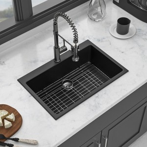 Gulches 33"x22" Black Granite Composite Quartz Kitchen Sink, Drop-in with Accessories - 1 of 4