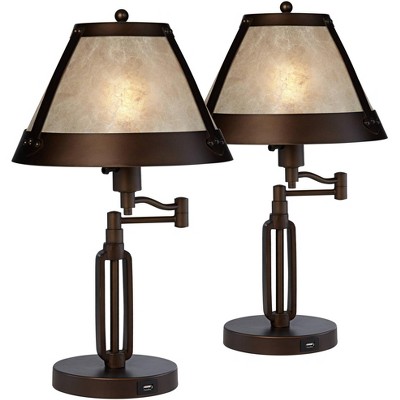 Franklin Iron Works Rustic Industrial Desk Lamps Set of 2 with USB Charging Port Bronze Mica Shade for Bedroom Bedside Office