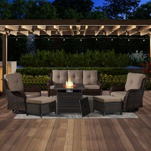 POCASSY 6 Piece Patio Furniture Set with Fire Pit, All Weather Wicker Rattan Patio Sofa Couch Set with Swivel Patio Chair and 50000BTU Square Fire Pit - 1 of 4