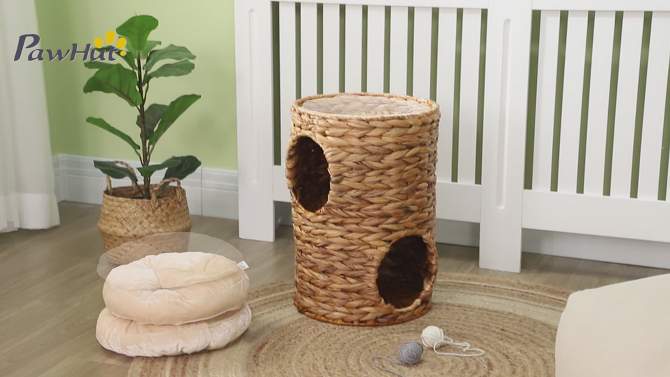 PawHut Elevated Cat Bed with Three Hideaways & Four Soft Plush Cushions, Cat Tower with Hand-Woven Materials, Multi-Layer Raised Kitten Bed Caves, 2 of 8, play video