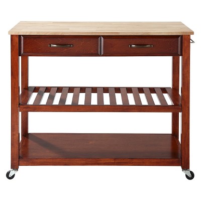 Natural Wood Top Mobile Kitchen Cart with Storage and Wine Rack