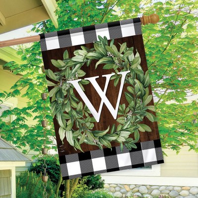 Wreath Monogram W Double-Sided Outdoor Flag with Greenery Design