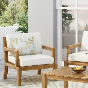 Gulches Outdoor Acacia Wood Patio Club Chair, Patio Furniture,Waterproof Thick Cushion Deep Seating, Teak Finish and Beige Cushion - 1 of 4