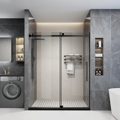 Shower door,made of stainless steel and transparent tempered glass,with brushed nickel finish,black,for bathrooms