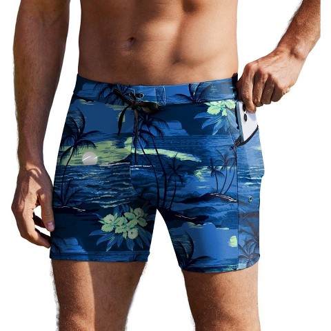 Ekouaer Mens Tight Swim Trunks Quick Dry Swim Briefs 5 inches Swimwear Zip Pockets Bathing Suit with Mesh Lining Palm Tree Blue XL