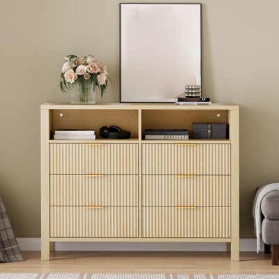 6 Drawer Dresser for Bedroom, 47" Wide Chest of Drawers with 2 Open Shelves & Handles, Fluted Closet Drawer TV Stand, Dresser Storage Cabinet