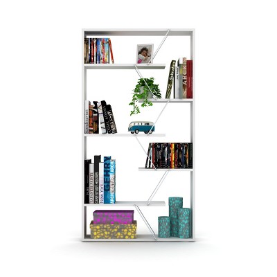VYNXARIA Industrial Wood Frame Etagere Bookcase - 6-Shelf Open Back Bookshelf for Modern Living Rooms and Offices, White/Chrome