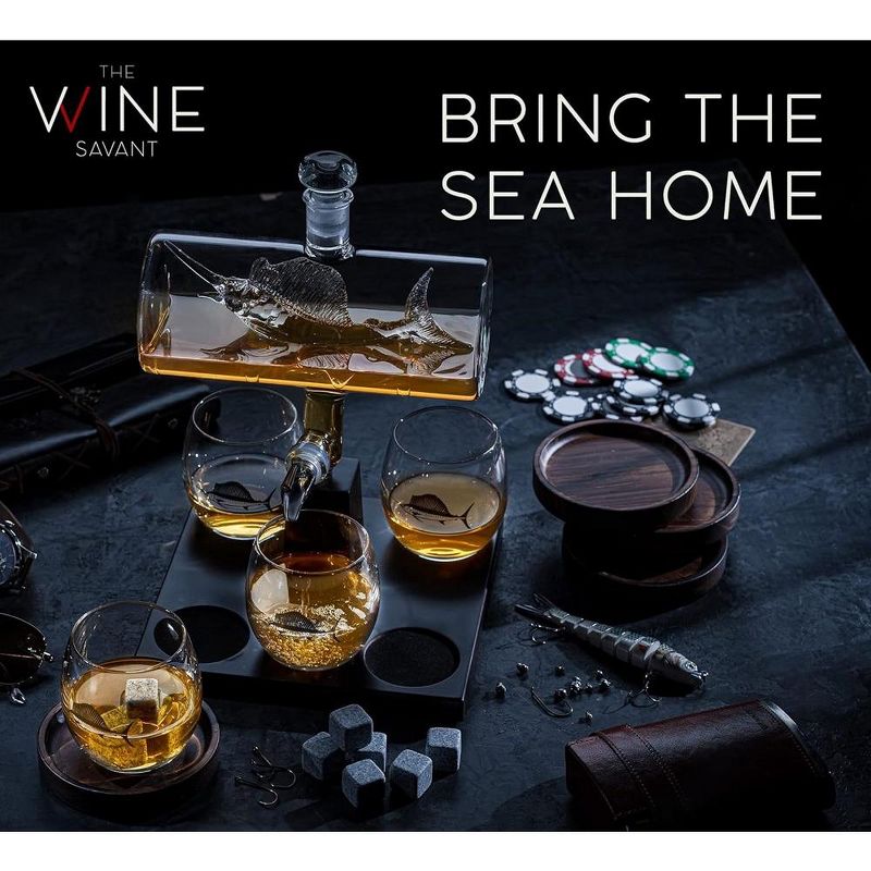 The Wine Swordfish & Sailfish Whiskey & Wine Decanter Set Includes 4 Whiskey Glasses Laid on A Beautiful Base, Stylish Home Décor, 2 of 7
