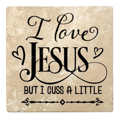 Christmas by Krebs Set of 4 Beige and Black " I love JESUS BUT I CUSS A LITTLE" Square Coasters 4"