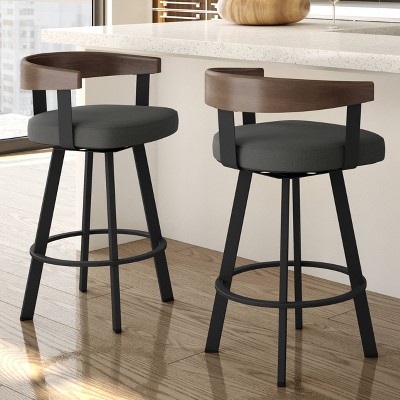 Lars 30" Gray Upholstered Swivel Barstool with Wood Back