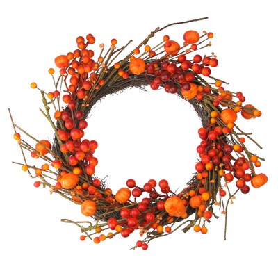  Northlight Red and Orange Fall Berry and Mini Pumpkin Artificial Thanksgiving Wreath - 20-Inch, Unlit 