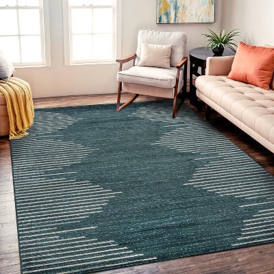 Teal and White Stripe Synthetic 5' x 7' Area Rug