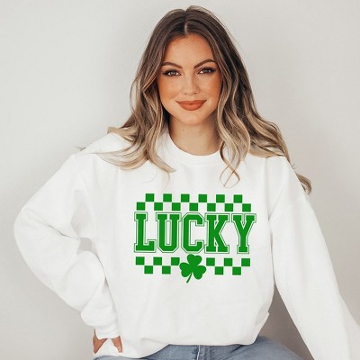 Simply Sage Market Women's Graphic Sweatshirt Checkered Lucky Shamrock