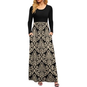 LEVEN SIXTEEN Black & Gold Long Sleeve Maxi Dress, Empire Waist with Pockets Black and Gold-XX-Large XX-Large