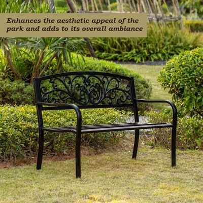 Black Powder Coated Steel Outdoor Bench with Cast Iron Backrest