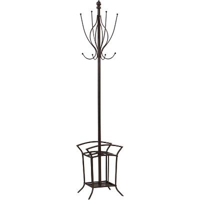 Bronze Metal Coat Rack with Umbrella Stand and Eight Hooks