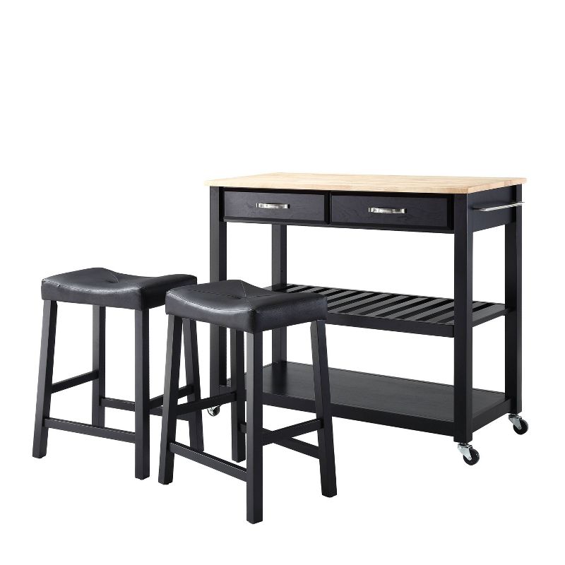 Wood Top Kitchen Prep Cart with 2 Upholstered Saddle Stools - Crosley, 6 of 12