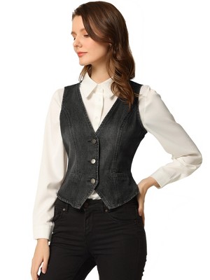 INSPIRE CHIC Women's Denim Sleeveless V Neck Button Down Casual Waistcoat Vest