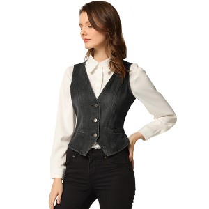 INSPIRE CHIC Women's Denim Sleeveless V Neck Button Down Casual Waistcoat Vest - 1 of 4