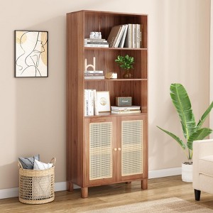 Sevobal Decorarive5 Shelf Bookshelf with Doors Tall Bookcase Display Shelves for Home Office, Beige, 29.9"*14.6"*70.9" - 1 of 4