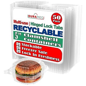 Durameg Plastic Salad Go Containers - 5" Clamshell Square (50 Pack) - Clear Hinged Take-Out Plastic Sandwich Boxes - 1 of 4
