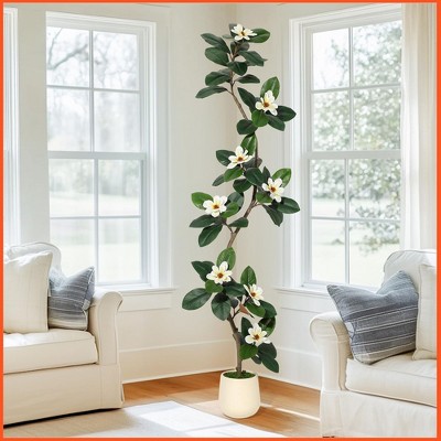 Rubber Tree 5FT Artificial Tree in White Planter Pot,Faux Floor Plant Artificial Plants with 7 Pcs Magnolia Flowers