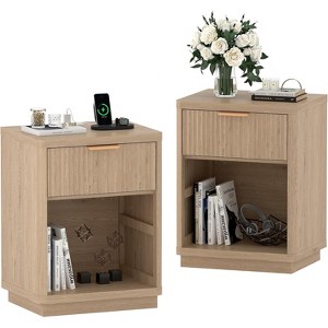 Set of 2 Fluted Farmhouse Nightstands with Charging Station, Modern Mid-Century Bedroom Bedside Tables, 1-Drawer Nightstands with Metal Handles - 1 of 4